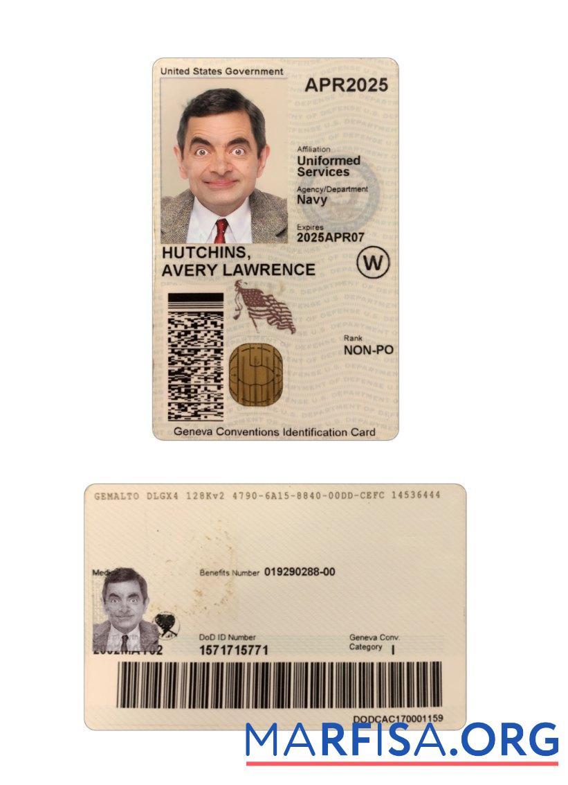 Blank USA Geneva Conventions ID card sample